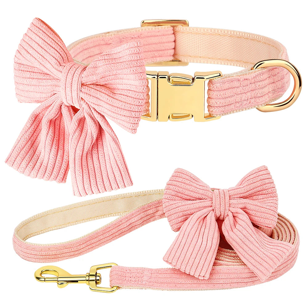 Cute Dog Collar Leash Set With Bowknot Soft Velvet Puppy Dogs Collars Outdoor Pet Walking Lead For Small Medium Dogs Chihuahua