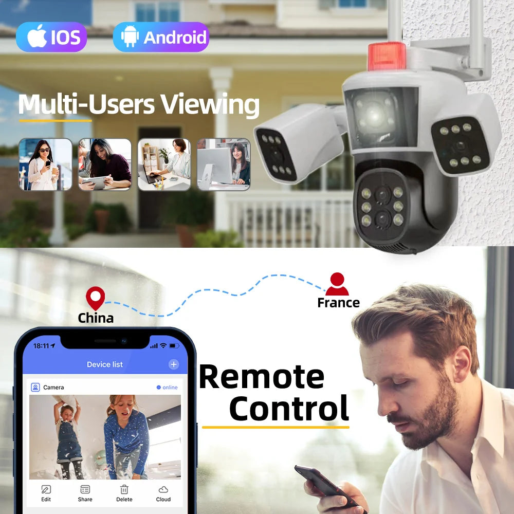 Smart Home WiFi Security Camera 16MP 8K HD Video CCTV Surveillance IP Cameras Outdoor 360° Wireless 4-Lens 3-Screen Camera