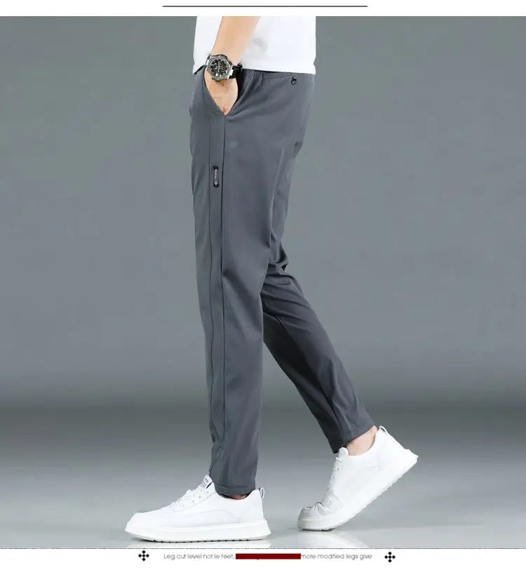 Ice silk men's pants 2025 summer new black gray thin business casual pants outdoor elastic breathable straight leg sports pants