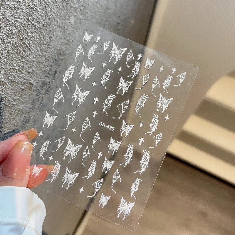 1PCS Black White Butterfly Laser Nail Stickers Y2K Nail Art Decoration Abstract Lines Bronzing Flowers Stickers For Nails