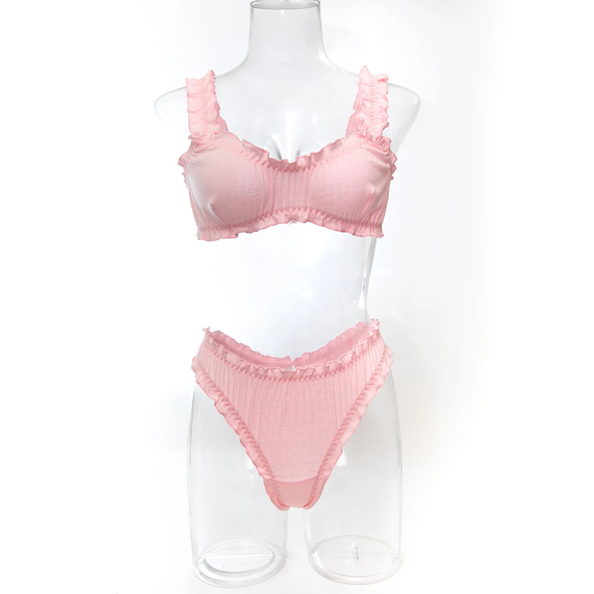 Sexy Women  Ruffle Edge Lingerie Set Breathable Hollow Eyelet Texture Bralette & High‑Cut Thong Soft Cotton Daily Intimate Wear