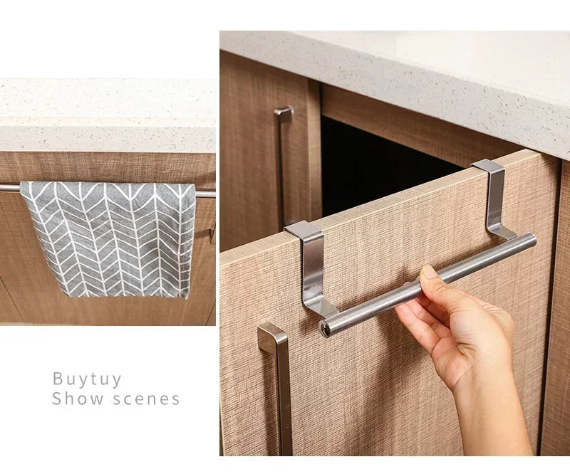 Kitchen Cabinet Door Towel Bar Stainless Steel Door Back Towel Hanging Holder Bathroom Punch-free Towels Hooks Home Organizer