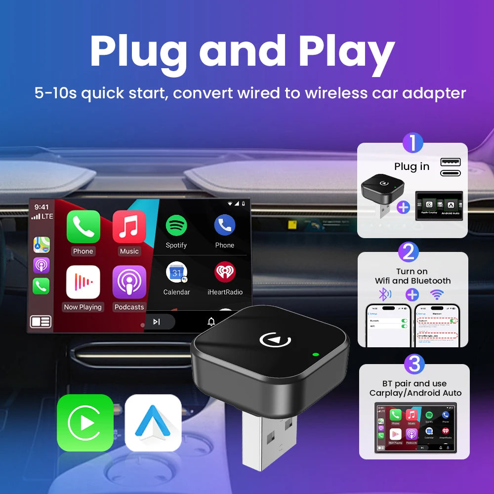 2026 2in 1 Wireless CarPlay Dongle Wireless Android Auto Adapter AI Smart Box 5Ghz WiFi Type-C/USB Plug and Play Car accessories