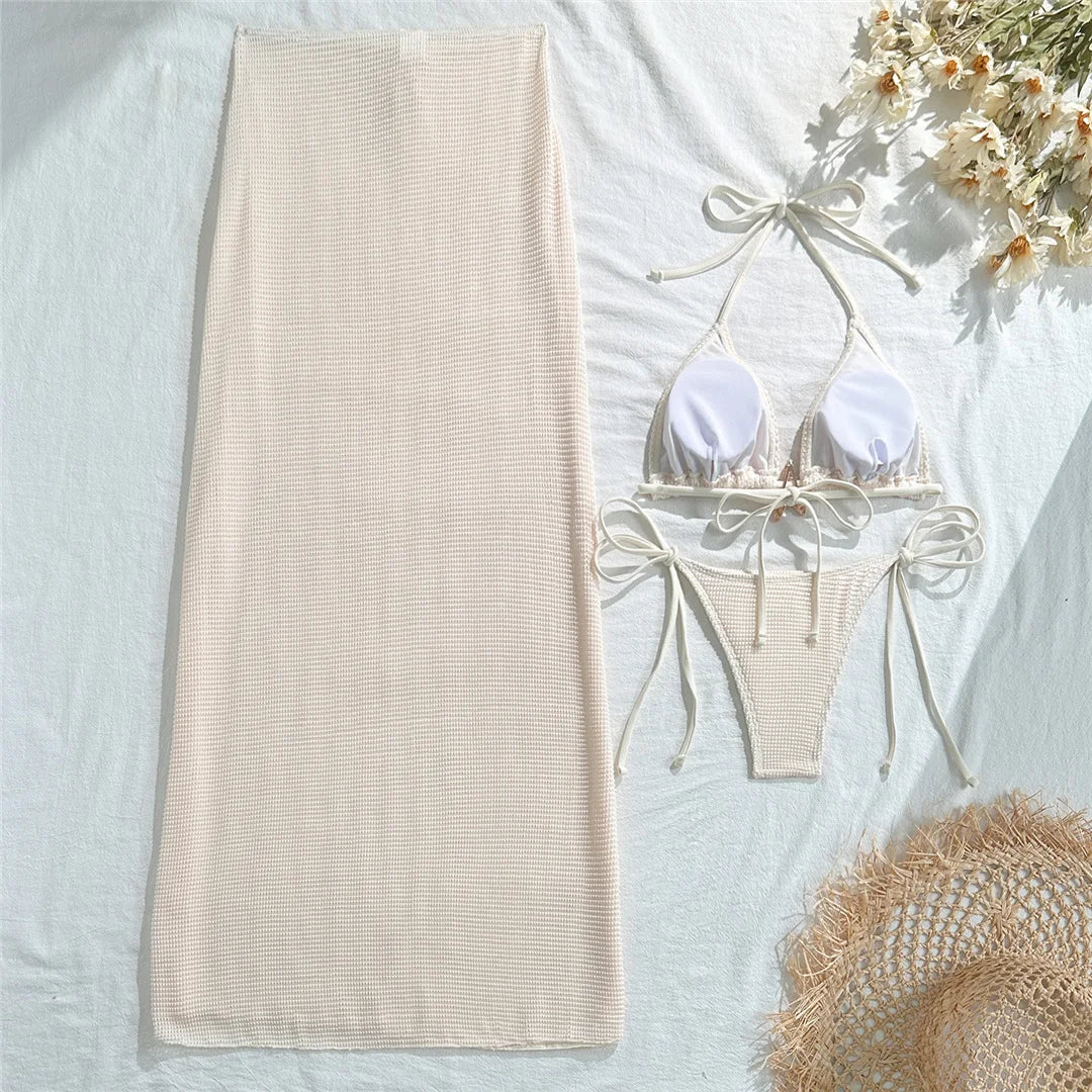 Metal Star Halter With Skirt Bikini Female Swimsuit Women Swimwear Three-pieces Bikini set Padded Bather Bathing Suit Swim V6740