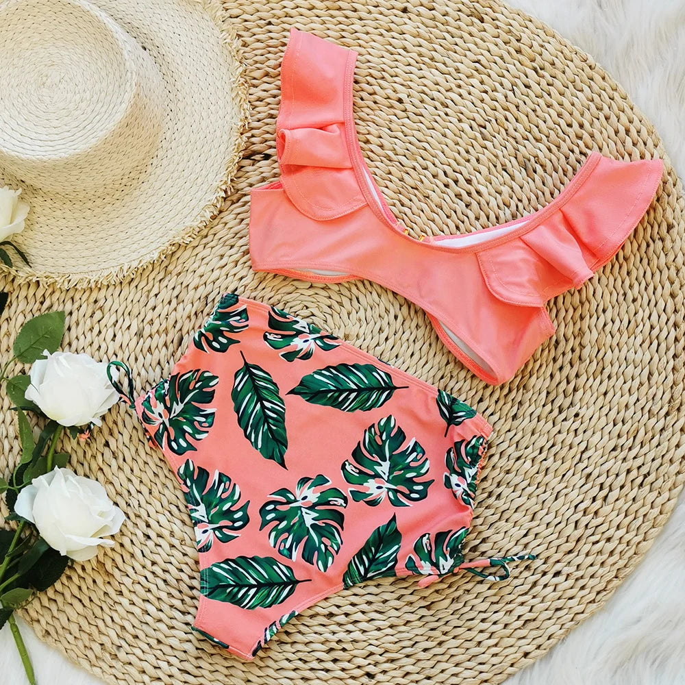 2026 Sexy Bikini Set Women High Waist Classic Off Solid Ruffle Sleeves Swimwear Red Separate Deep V Swimsuit Vintage Beach Set