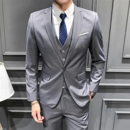 Men Suit 3 Piece Set Slim Fit Korean Style Best Man Groom Wedding Tuxedo Brother Group Formal Attire