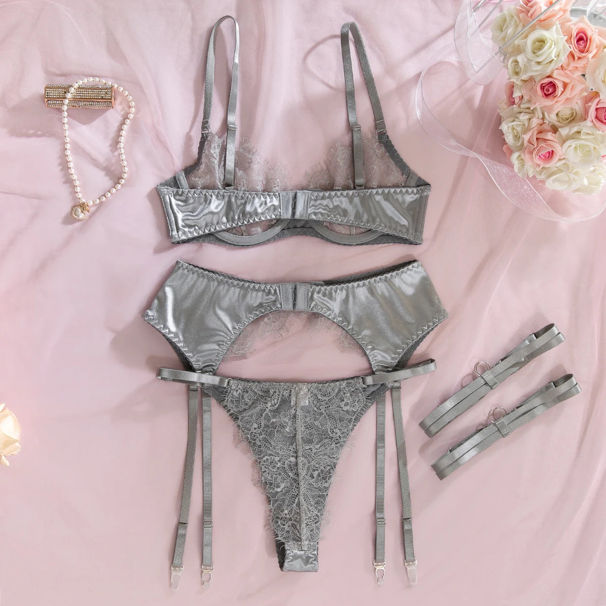 Sexy 3PCS Lace Satin Lingerie Set Underwire Bra + Garter Belt + Thigh Harness Sheer Lenceria Women Erotic Underwear