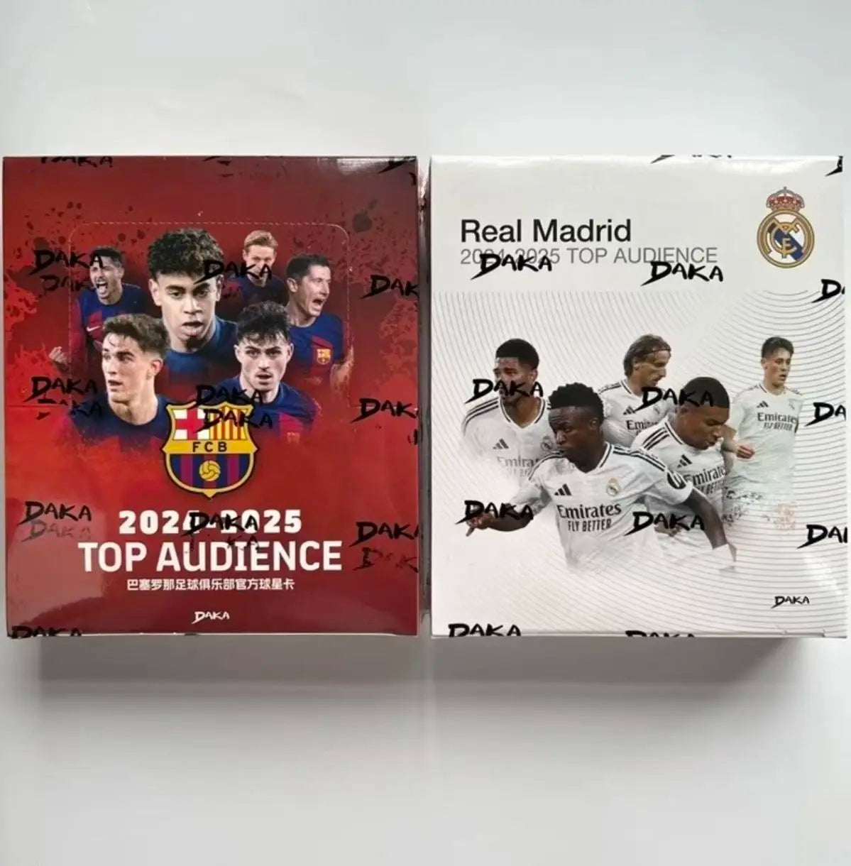 Authentic DAKA Top Audience 2024-2025 Barcelona & Real Madrid Team Jerseys with Autographed Cards and Player Logos.