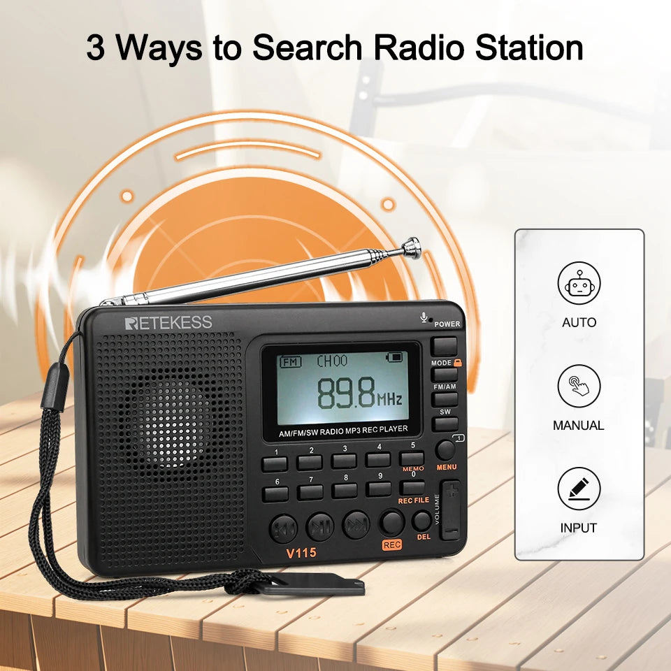 RETEKESS V115 Radio FM AM SW Portable Radios Rechargeable  Radio Batteries multiple bands  USB Recorder Speaker for Elders TX32