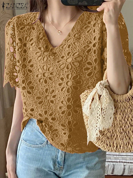 ZANZEA Summer Embroidered Openwork Blouses Women V-Neck Short Sleeve Hollow Out Lace Blusas Mujer Casual Fashion Solid Chemises