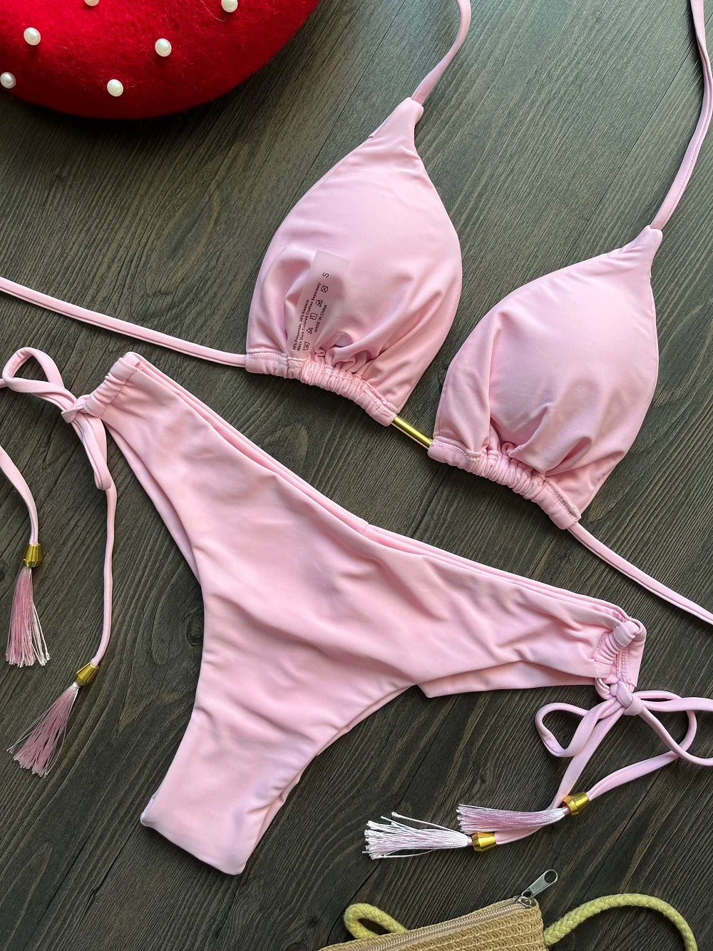 Solid color bikini set 2026 women's new swimsuit 2-piece set bead neck hanging bikinis summer beach Swimwear