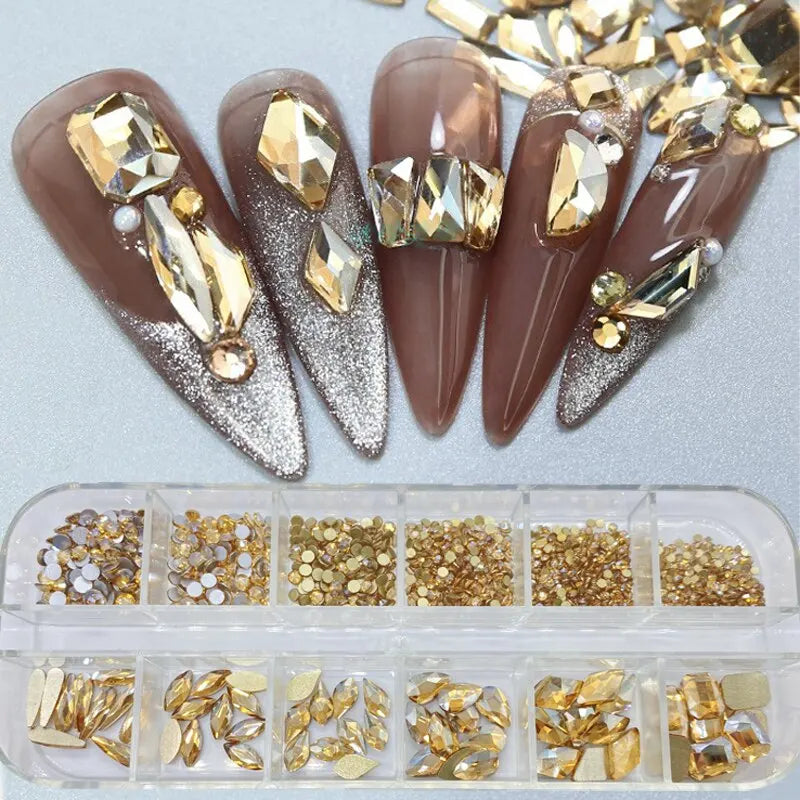 12 Grids Golden Shadow Flatback Rhinestones Glitter Nail Charms Crystal Diamond Nail Art Decoration for Nails Accessories