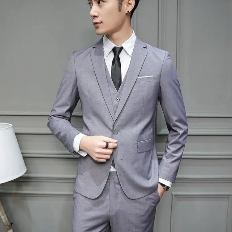 Men Suit 3 Piece Set Slim Fit Korean Style Best Man Groom Wedding Tuxedo Brother Group Formal Attire