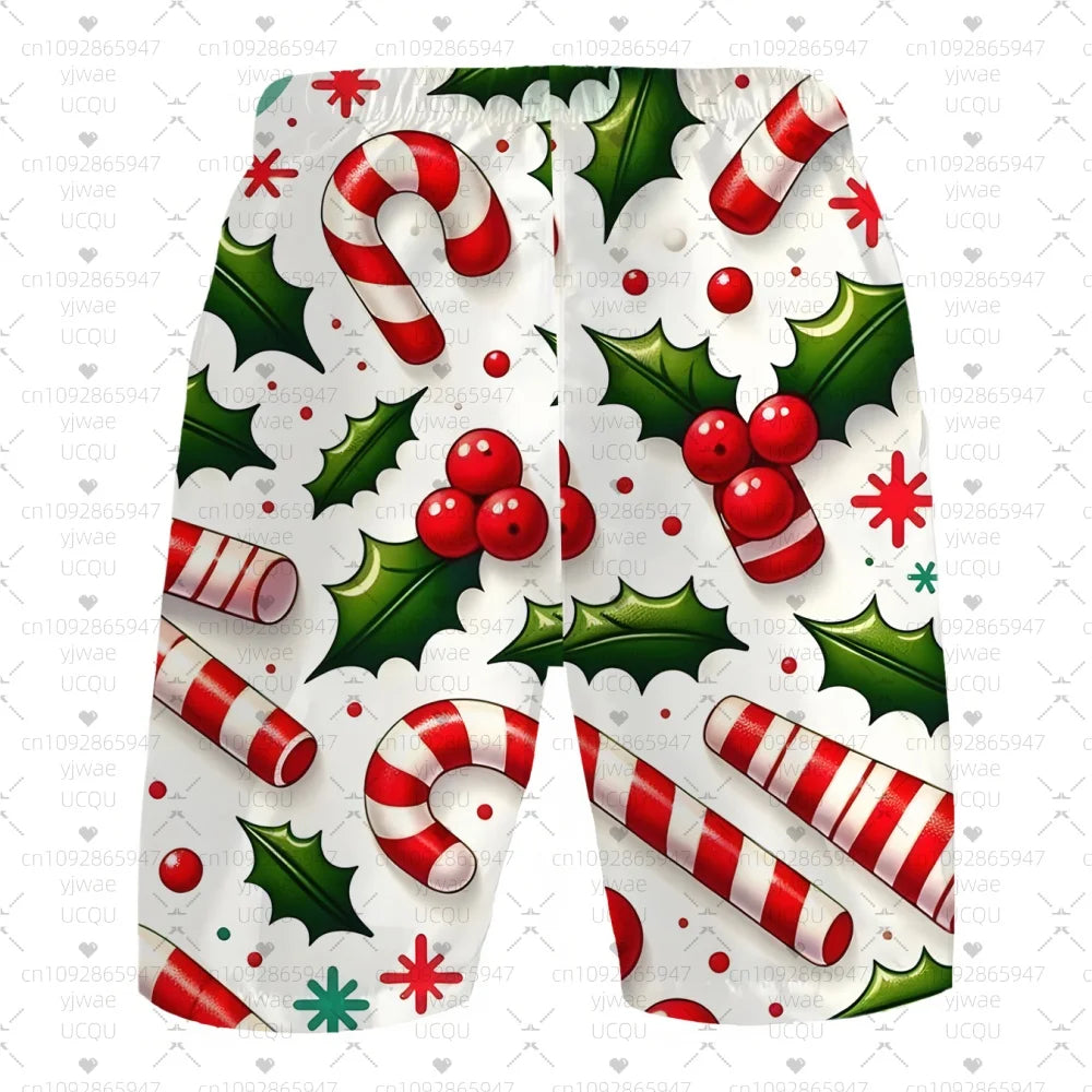 2025 new Men's Board Shorts Christmas candy cane holly Trunks Drawstring Elastic Quick Dry Hawaiian Beach Shorts men clothing