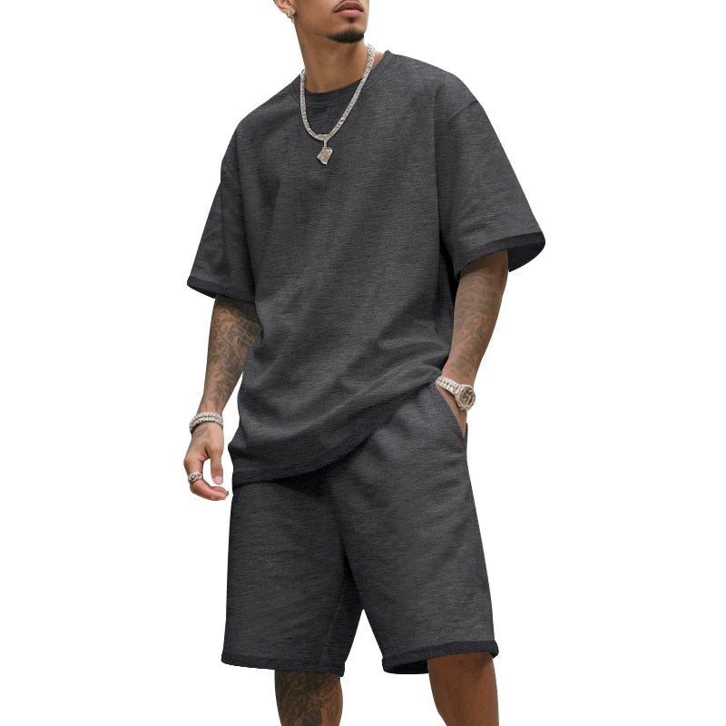 Men's two-piece clothing set, loose round-neck T-shirt and shorts set, casual sportswear, perfect for summer