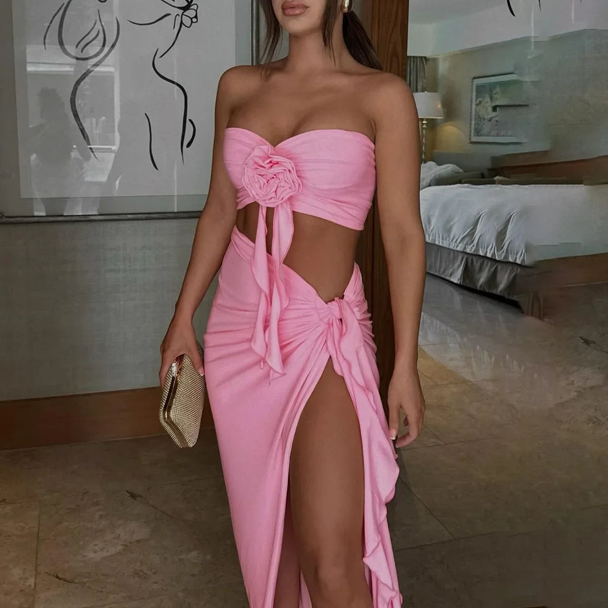 Women's Elegant Two Pieces Dresses Suits Flower Corset Top and High Slit Long Skirts Matching Sets Red Pink Vacation Outfit 2026