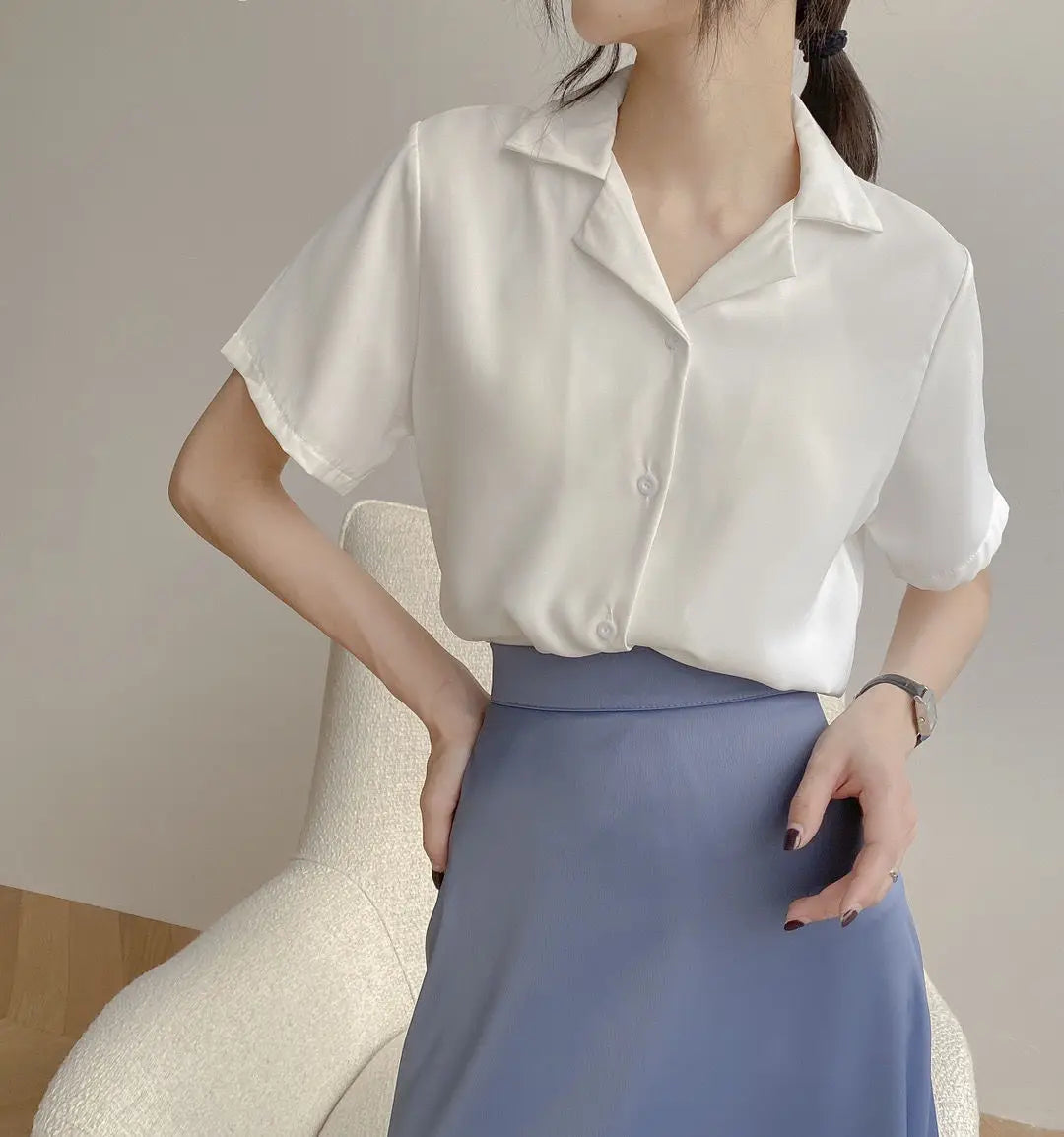 Women Summer Elegant Solid Chiffon Blouses Casual Turn Down Collar Short Sleeve Loose Shirts Korean Chic Top Female Tunic