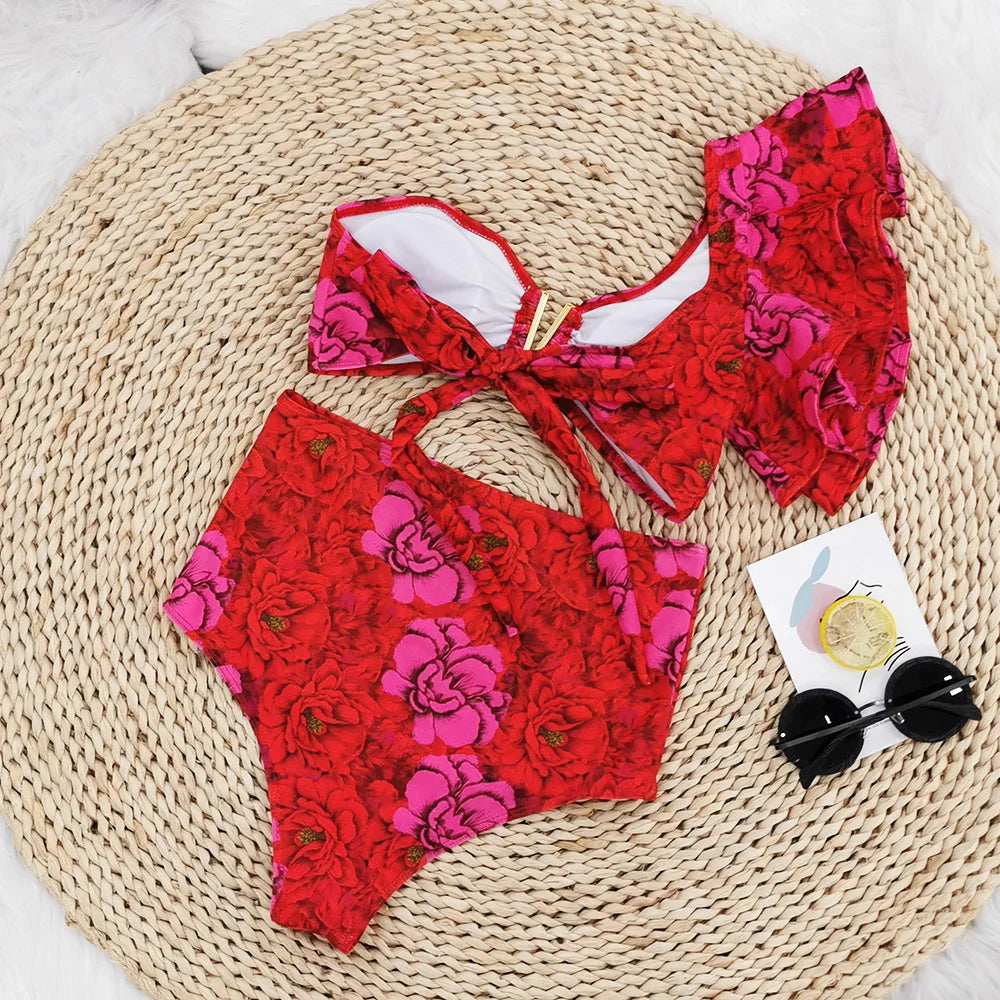 2026 Sexy Bikini Set Women High Waist Classic Off Solid Ruffle Sleeves Swimwear Red Separate Deep V Swimsuit Vintage Beach Set