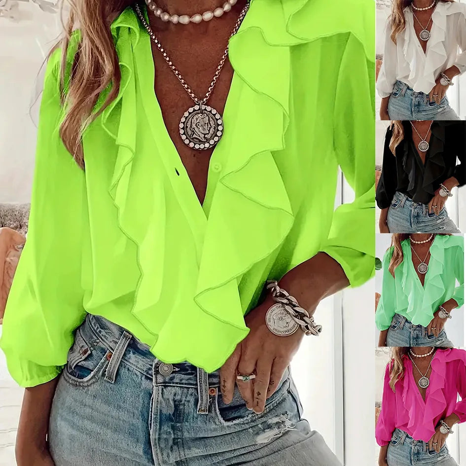 Fashion Ruffles V-neck Blouse Women 2024 Summer Casual Long Sleeve Solid Color Shirts Blouses Tops Femme