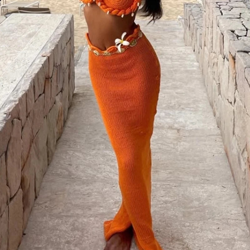 Knit Woven Bra Top Skirt Sets Women Twist Strap Sleeveless Backless Corset Long Skirts Suits Female 2 Pieces Seaside Vacation