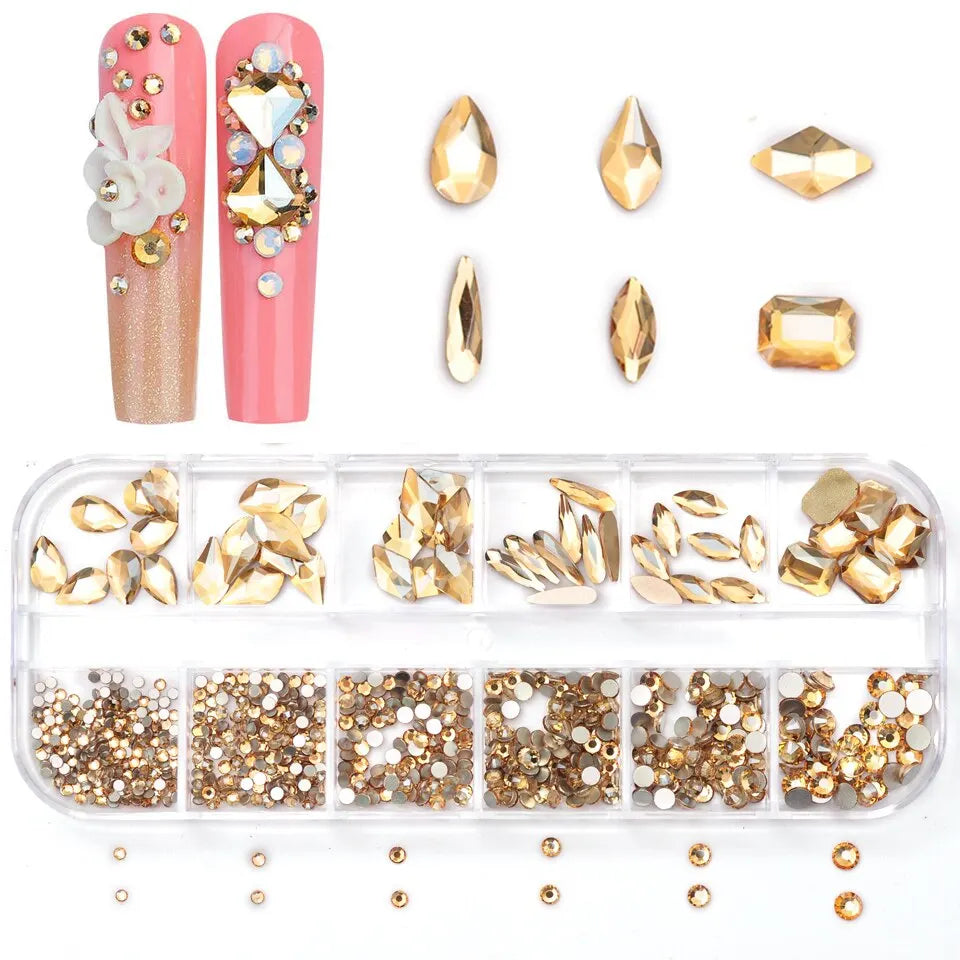 12 Grids Golden Shadow Flatback Rhinestones Glitter Nail Charms Crystal Diamond Nail Art Decoration for Nails Accessories