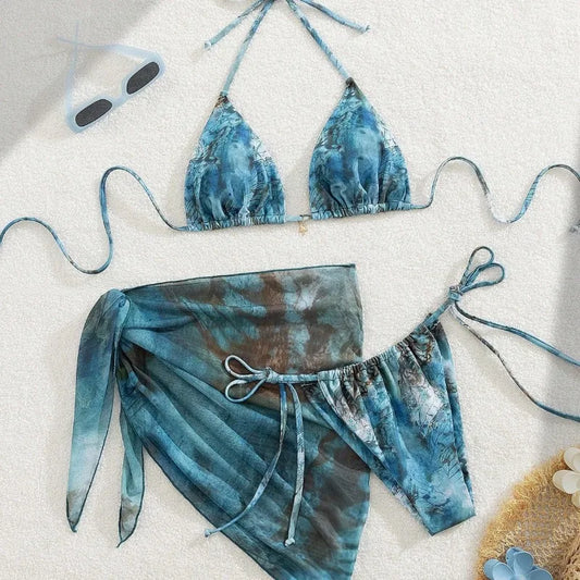 New Women's Retro Floral Print Apron Style Bikini Set 3 Piece High Waisted Tie Side Swimsuit Beach Vacation Swimsuit Biquine