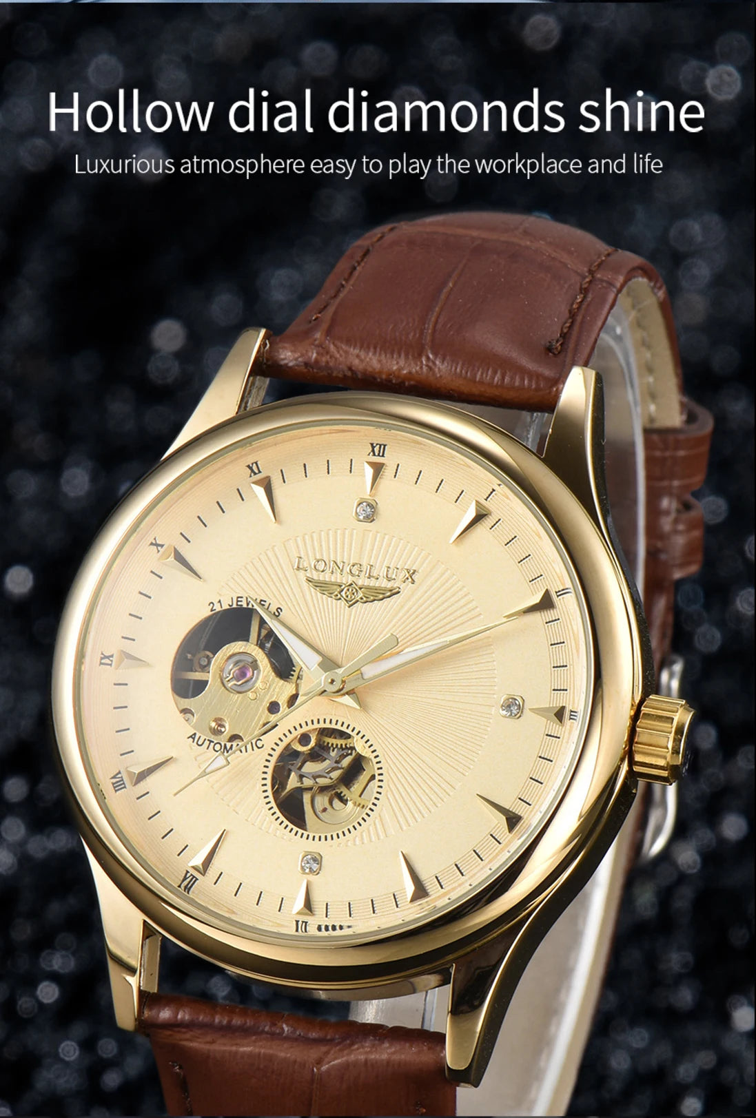 LONGLUX automatic watch elegant style wholesale mechanical wristwatches skeleton rome waterproof  mens watch men gift