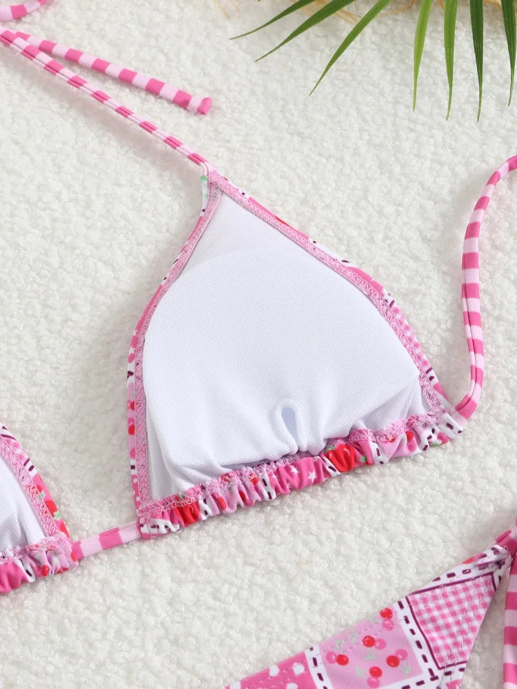 Bikini Women Swimsuit 2026 New Print Halter Bikinis Set Sexy Thong Swimwear Summer Two Piece Backless Beach Bathing Suit Female