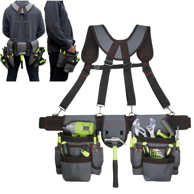 Tool Belt for Men, 32 to 66 Inches Adjustable Tool Belt with Suspenders for Electricians, Carpenters, Construction Workers