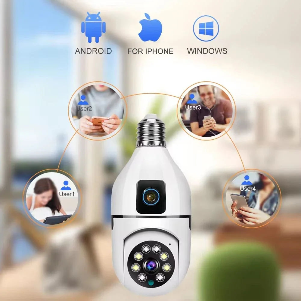 CCTV Security Camera with Dual Lens, PTZ Camera, Night Vision, Human Detection, Wi-Fi, Smart Home, 6MP Bulb, 2.4Ghz