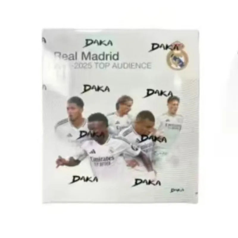 Authentic DAKA Top Audience 2024-2025 Barcelona & Real Madrid Team Jerseys with Autographed Cards and Player Logos.