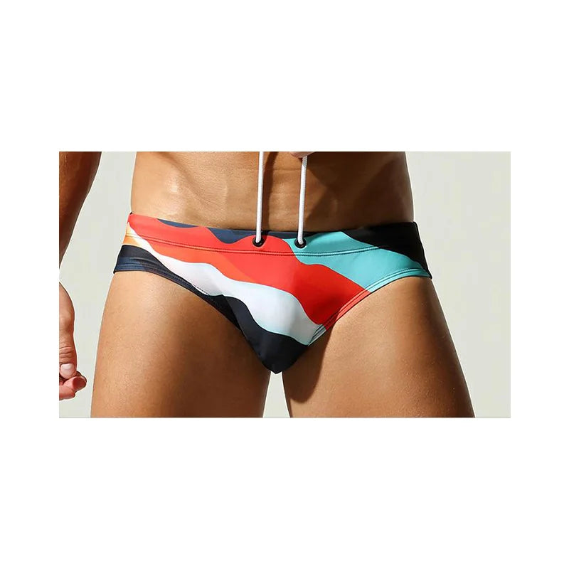 Men's Quick Dry Swim Briefs Colorful Wave Print Drawstring Bikini Trunks Low Waist Beach Swimwear Bathing Suits for Men swimsuit