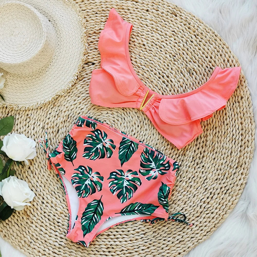 2026 Sexy Bikini Set Women High Waist Classic Off Solid Ruffle Sleeves Swimwear Red Separate Deep V Swimsuit Vintage Beach Set