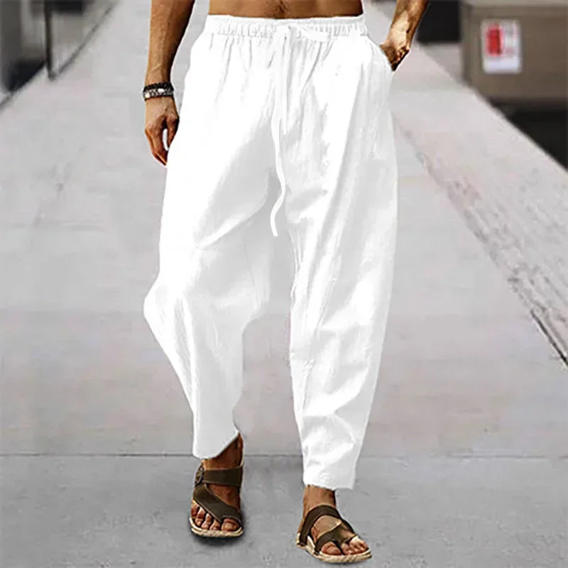 Men's Lightweight Long Pants Summer Solid Color Breathable Loose Trousers Male Elastic Waist Casual Pants Harajuku Trousers
