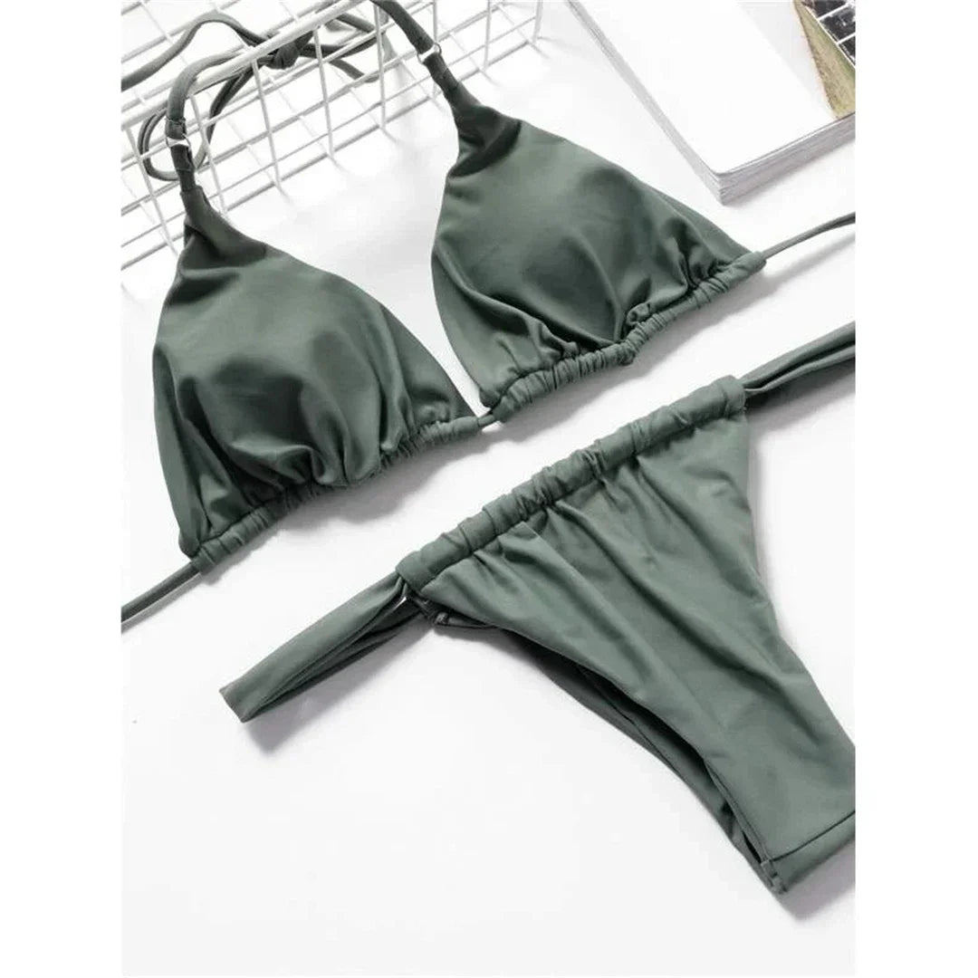 PU Pleated Ruched Bikinis Mini Micro Thong Bikini Women Swimwear Female Swimsuit Two-pieces Bikini Set Halter Bathing Suit Swim