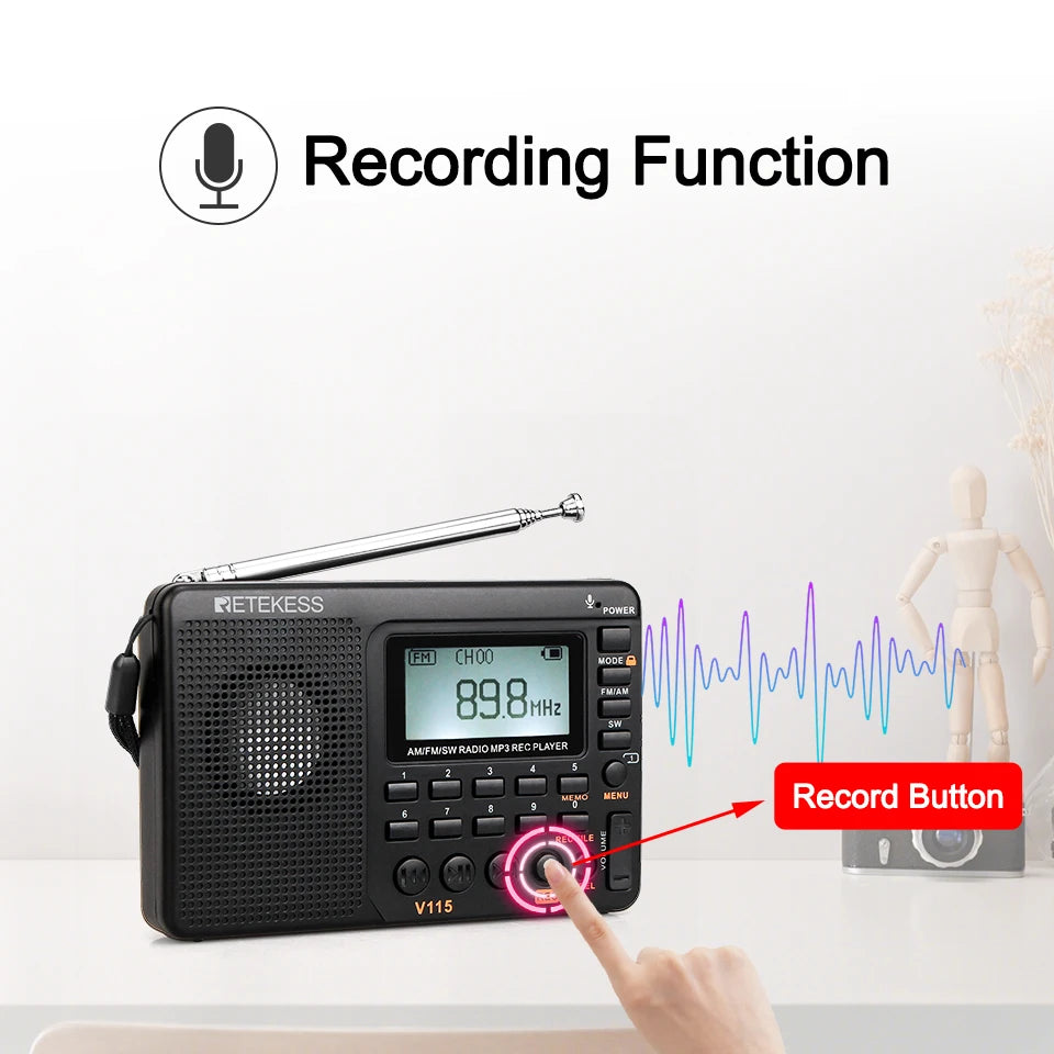 RETEKESS V115 Radio FM AM SW Portable Radios Rechargeable  Radio Batteries multiple bands  USB Recorder Speaker for Elders TX32