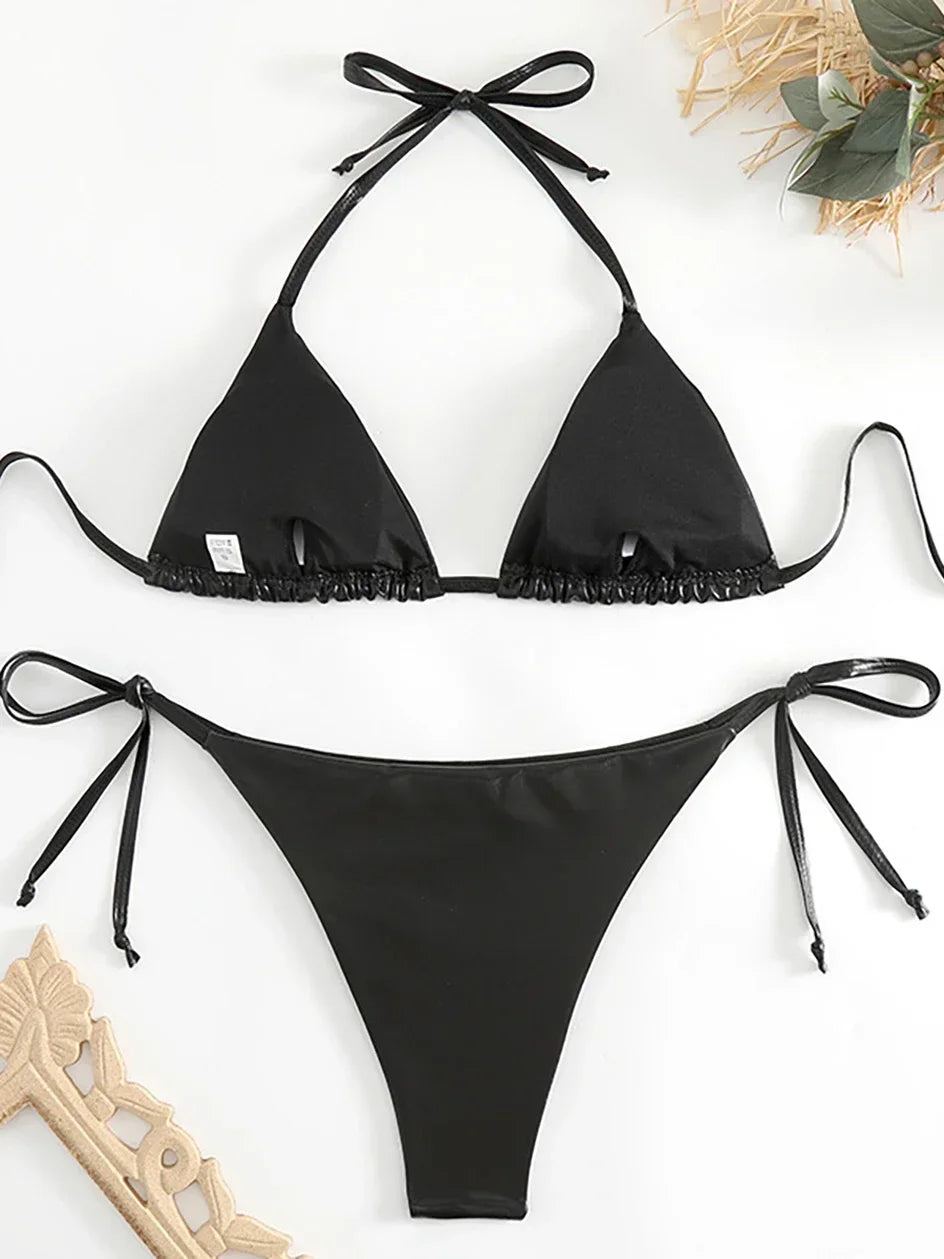 Sexy Metallic Halter Bikinis Sets Lace Up Triangle Tie Side Bikini 2024 Swimsuit Women Swimwear Brazilian Female Bathing Suits