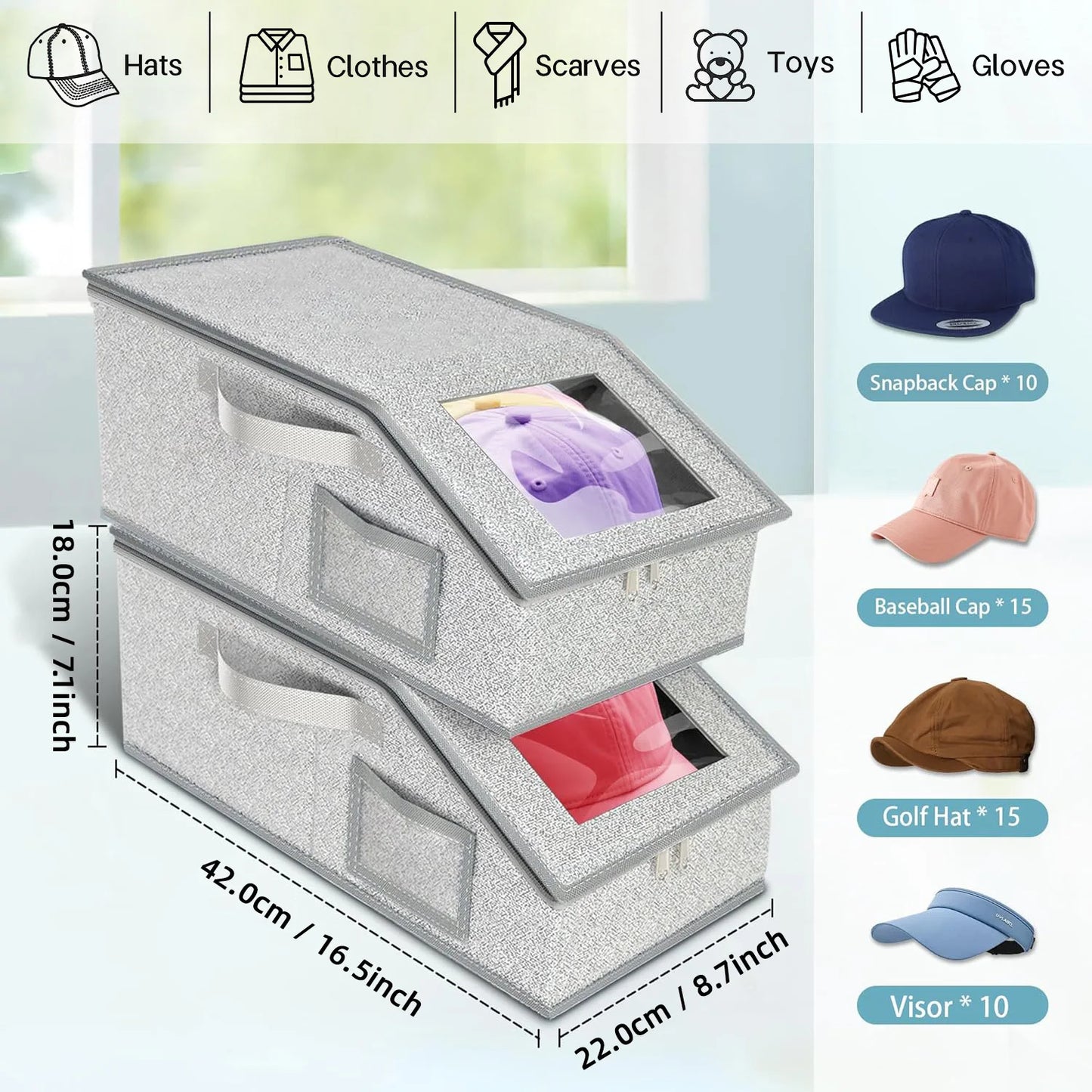 Baseball Cap Storage Box with Clear Window Holds 10+ Caps Dust-Proof with Handle Clothing Hat Organizer Box