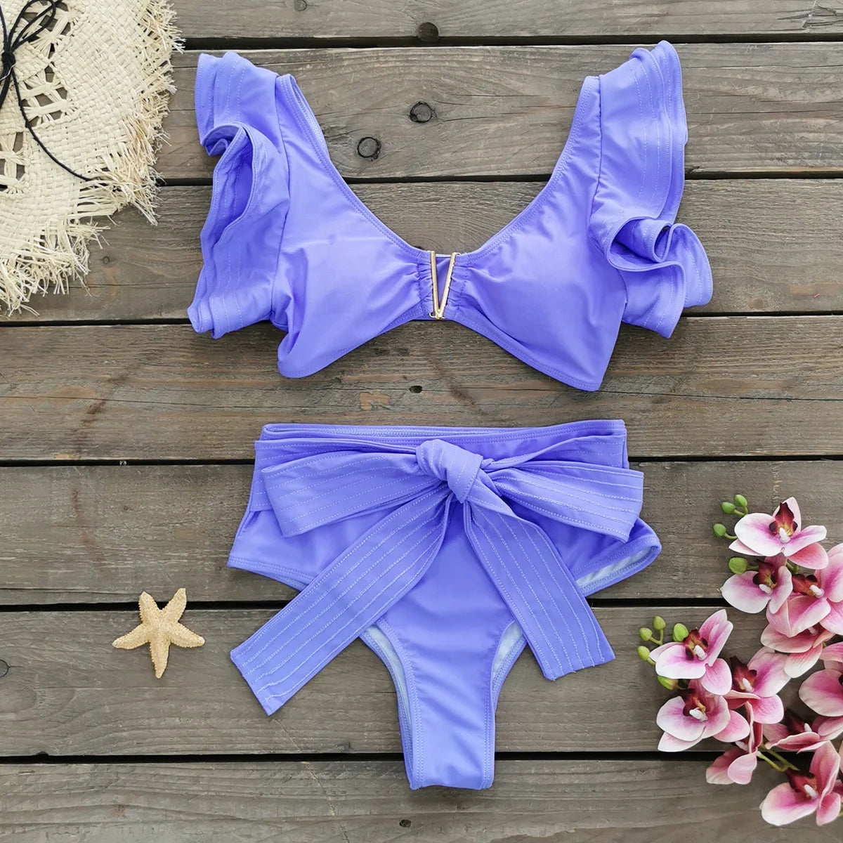 2026 Sexy Bikini Set Women High Waist Classic Off Solid Ruffle Sleeves Swimwear Red Separate Deep V Swimsuit Vintage Beach Set