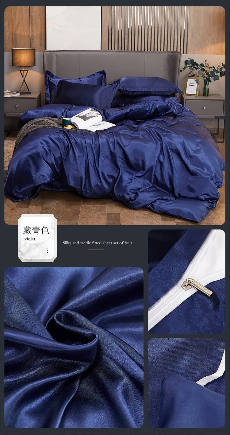 Solid Color Silk-like Bedding European and American Bed Sheet Quilt Cover Pillowcase