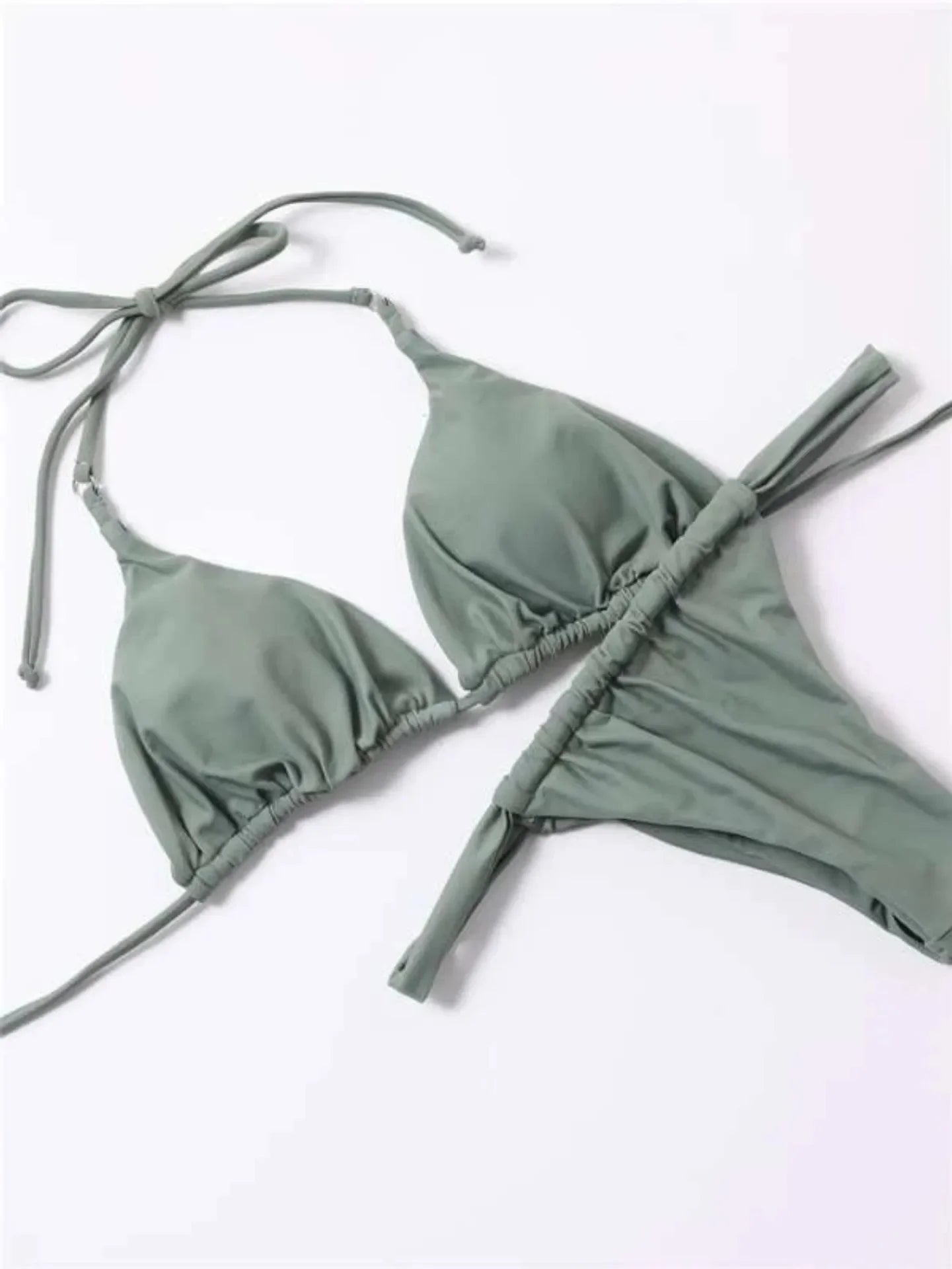2025 Yearly Bikini Swimsuit Women's Separate Strap Pure Color Fabric Chest Pad Gathered Casual Beachwear Swimwear Set