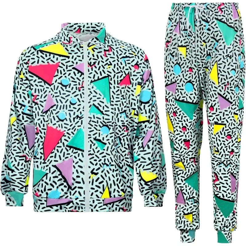 Men’s 80s Costume 1990s Outfit for Men Tracksuit Costume Hip Hop Set Disco 2pcs Jogging Wear Windbreaker Couples Track Suit