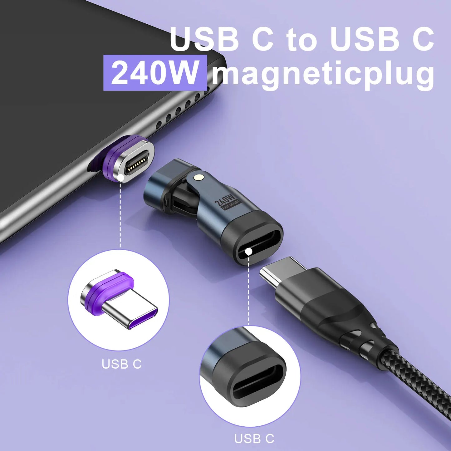 USLION 240W Type C Adapter USB-C to Type-C Fast Charging Cable Magnetic USB C Female Converter for Macbook iPhone 16 15 Xiaomi