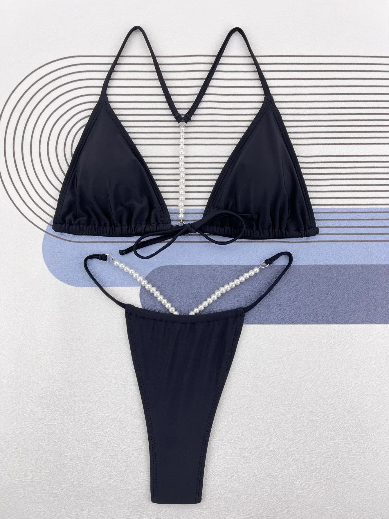 Sexy Pearls Thong Bikini Set Women Black White Front Bow Push Up Backless Micro Swimsuit 2026 Bathing Suit Cut Out Swimwear