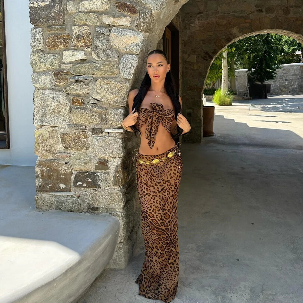 3 Pieces Leopard Bow Bikini Set 2025 Sexy Women Swimsuit Long Skirt Female Swimwear Brazil Bathing Suit Beachwear Cover Ups