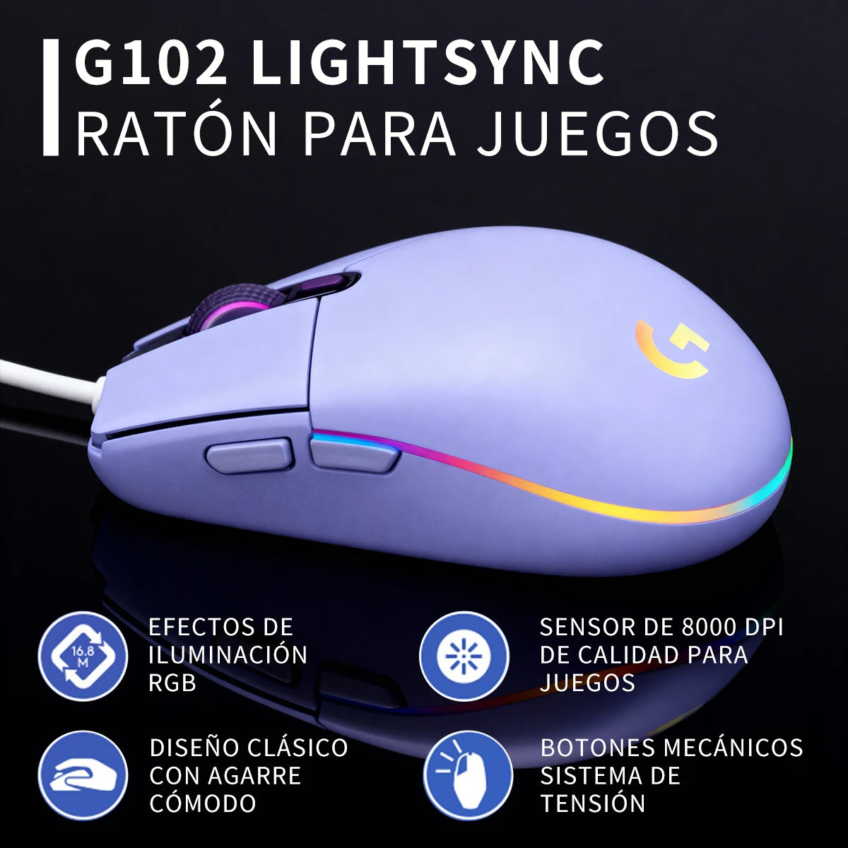 Logitech G102 gaming mouse, USB wired connection, 8000 DPI adjustable, RGB colorful lighting, play PUBG without pressure