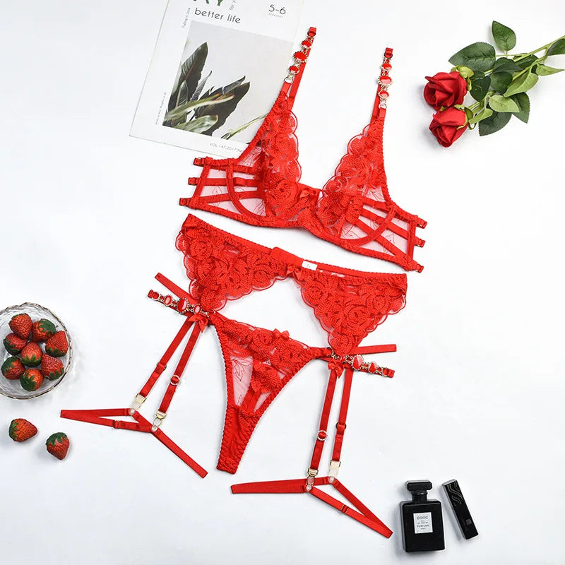 Sexy Lace Exotic Set Hollow Out Women's Underwear Erotic Cut-out Sexy Lingerie Bra Panty And Garters Lingerie Set Lenceria Mujer