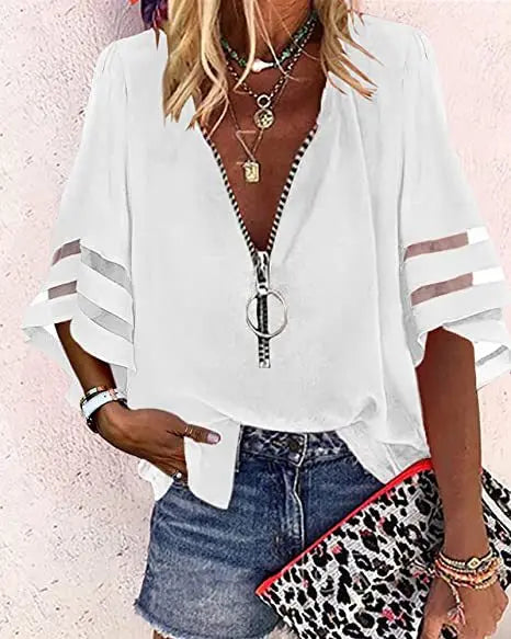 Summer Shirt Elegant Women Lace Patchwork Flared Sleeve Mesh White Blouse Women Zipper V-Neck Loose Casual Tops Streetwear Femal