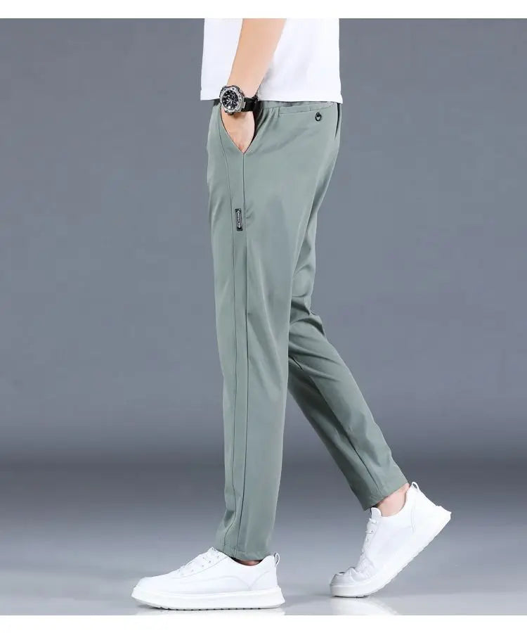 Ice silk men's pants 2025 summer new black gray thin business casual pants outdoor elastic breathable straight leg sports pants