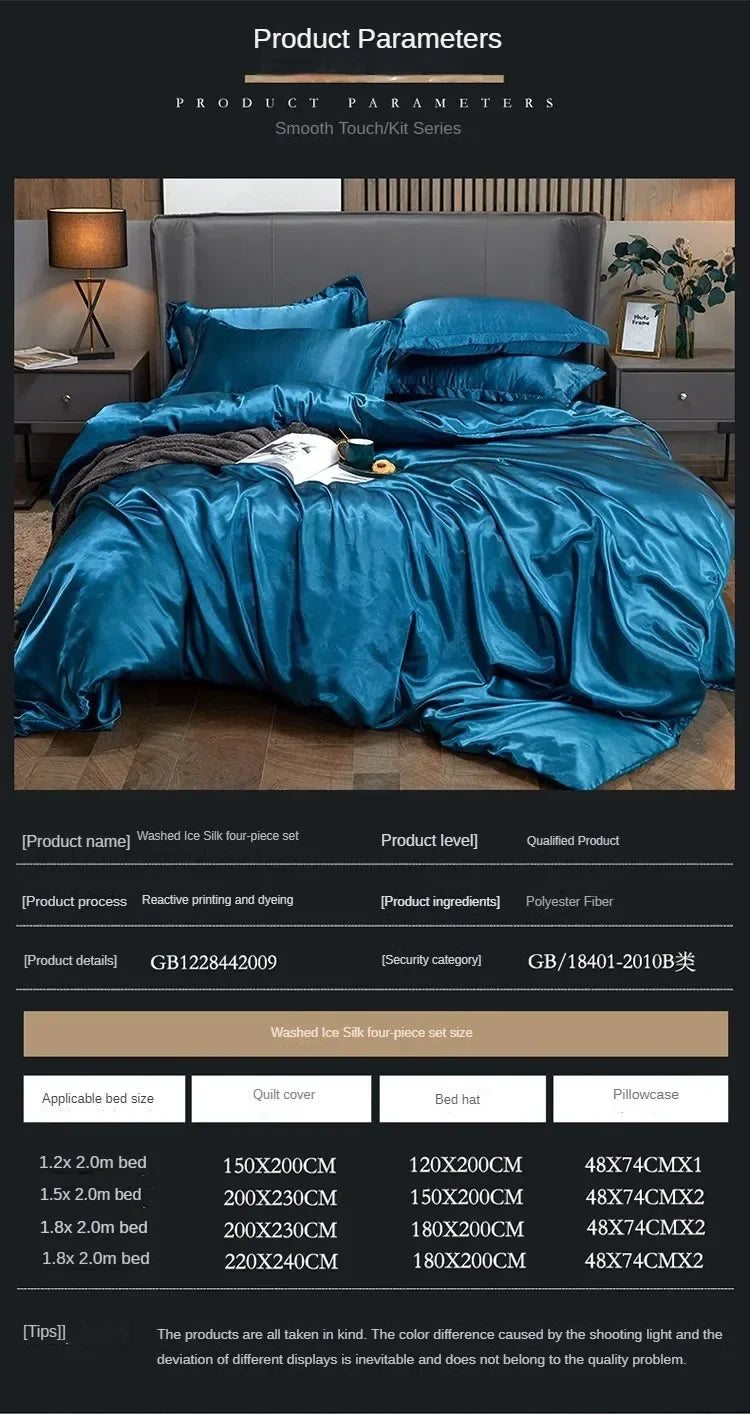 Solid Color Silk-like Bedding European and American Bed Sheet Quilt Cover Pillowcase